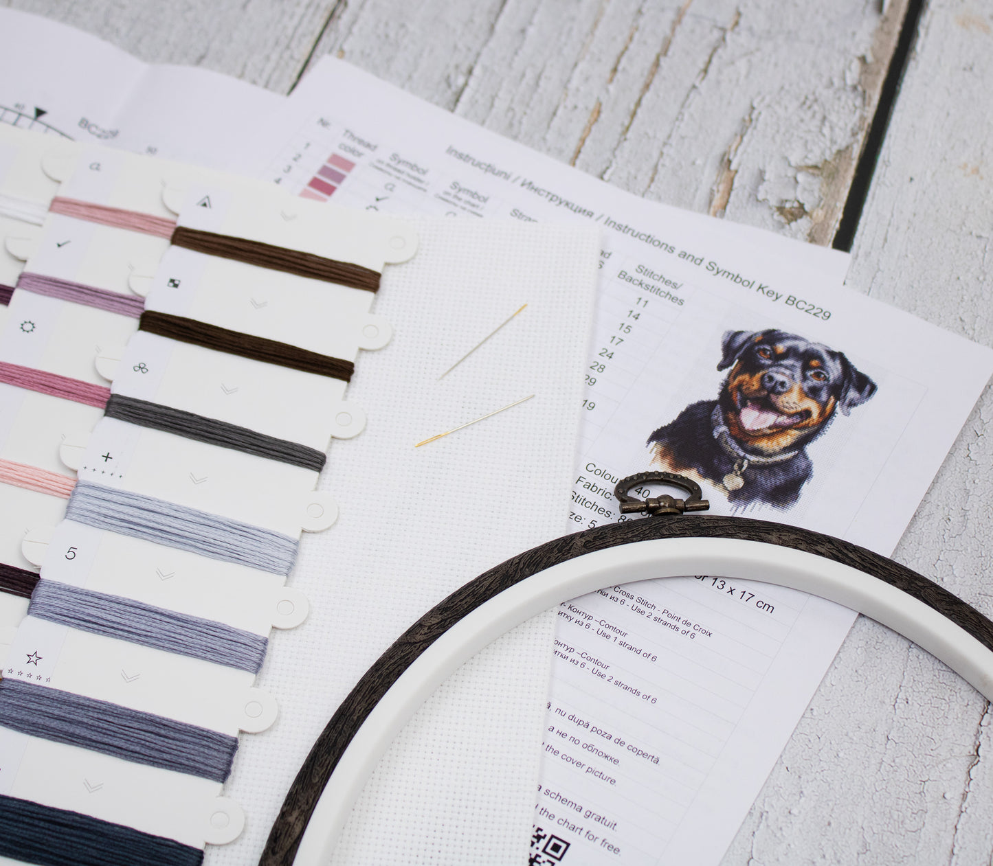 Set de brodat în cruciuliță cu cercul de brodat inclus - Rottweiler, BC229