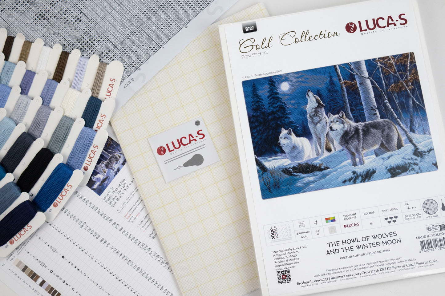 Set de brodat în cruciuliță Luca-S GOLD - Urletul Lupilor și Luna de Iarnă, B727