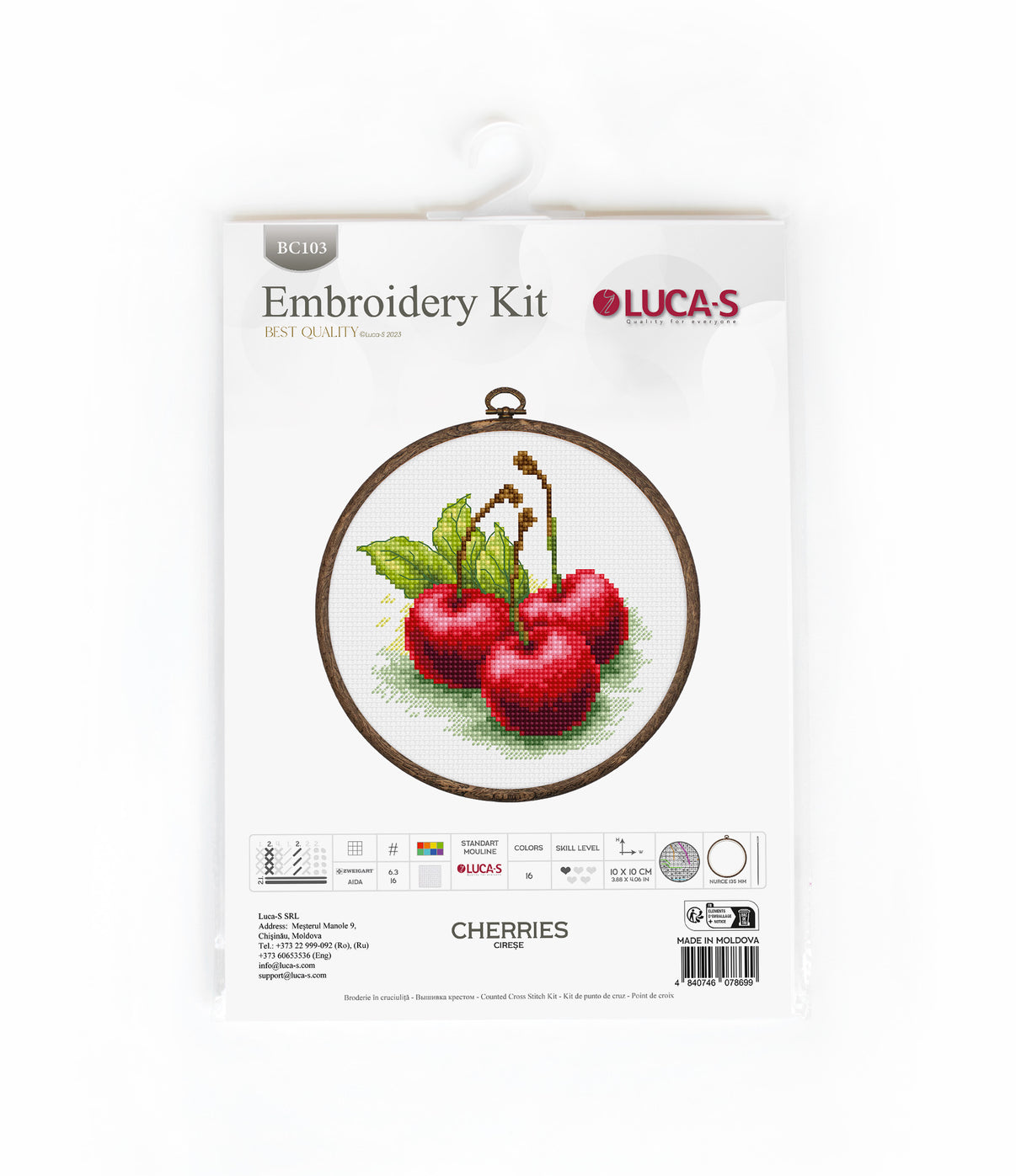Set de brodat în cruciuliță cu cercul de brodat inclus Luca-S - Cireșe, BC103