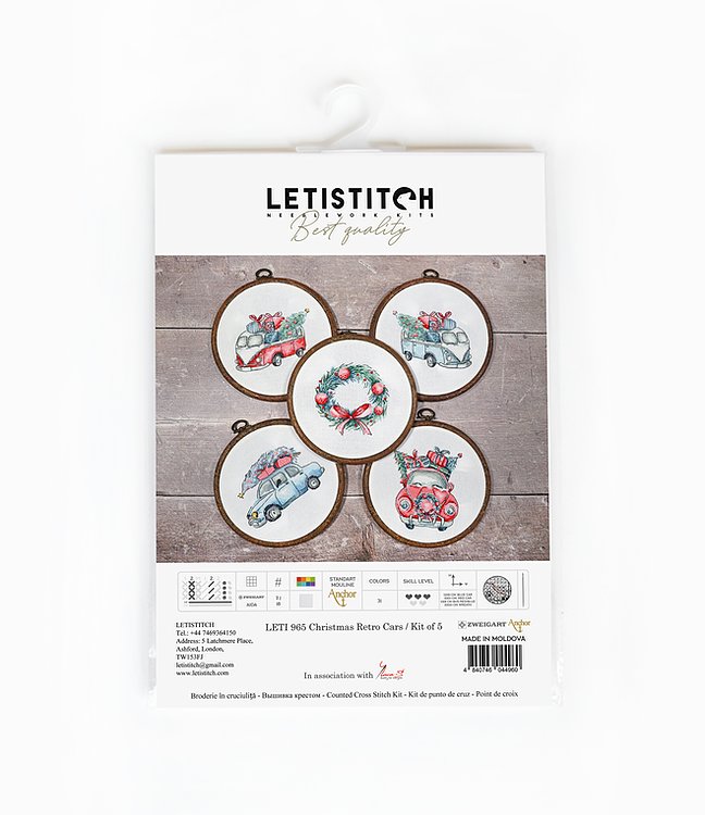 Набор для вышивания Letistitch - Новогодние ретро-машинки / Набор из 5 шт., Leti965