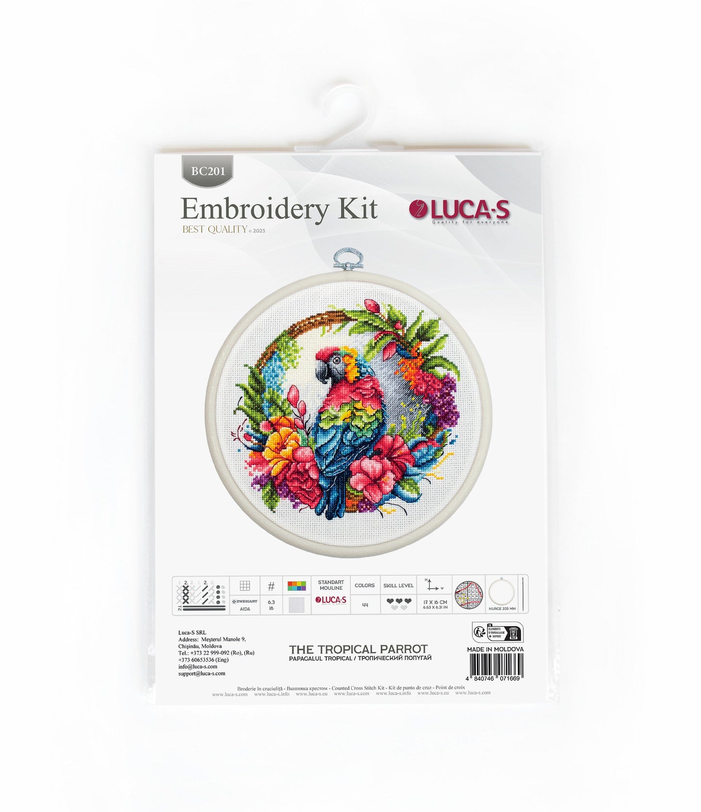 Set de brodat în cruciuliță cu cercul de brodat inclus - BC201 Papagalul Tropical