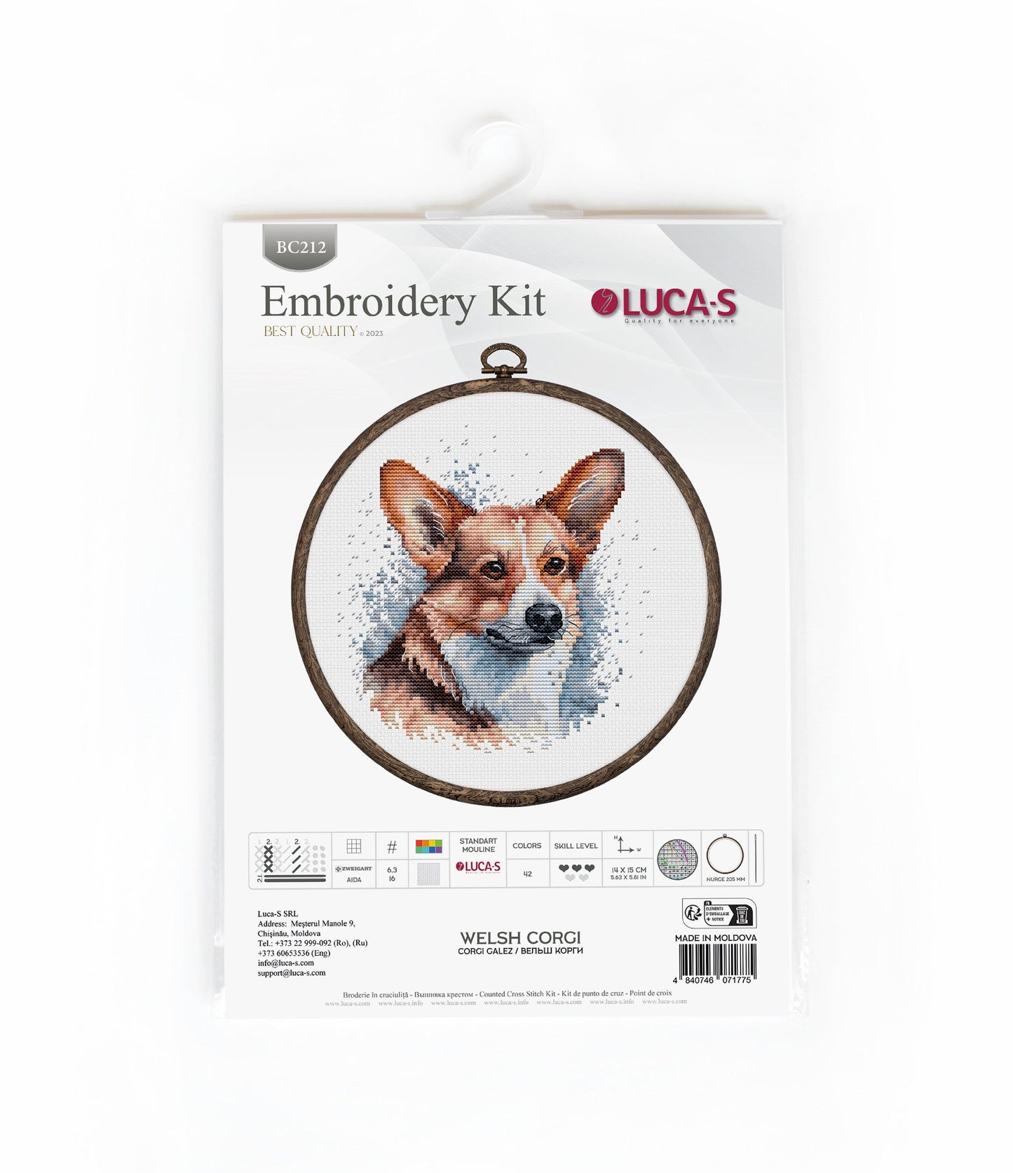 Set de brodat în cruciuliță cu cercul de brodat inclus- BC212 Corgi Galez